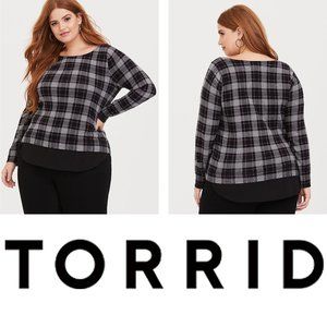 Torrid Grey Pink Plaid Knit to Woven 2fer Pullover
